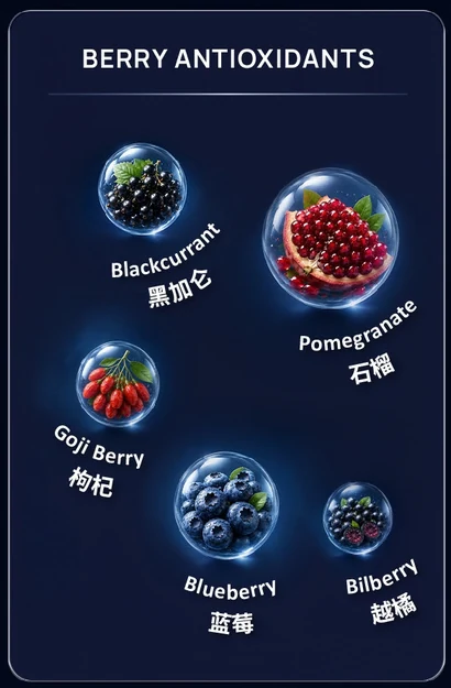 Berry Antioxidants - Blackcurrant, Bilberry, Blueberry, Pomegranate, Goji